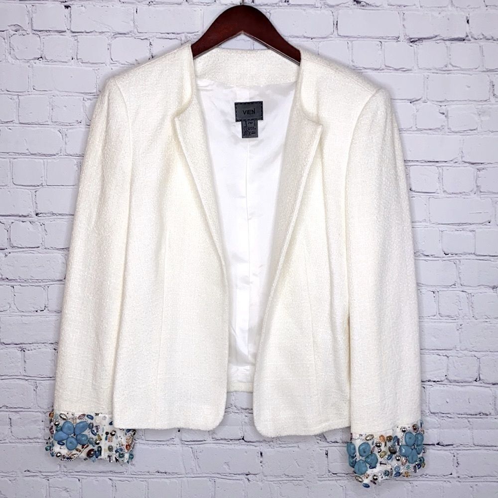 Vien Open Front Embellished Cuff Blazer Cream MP